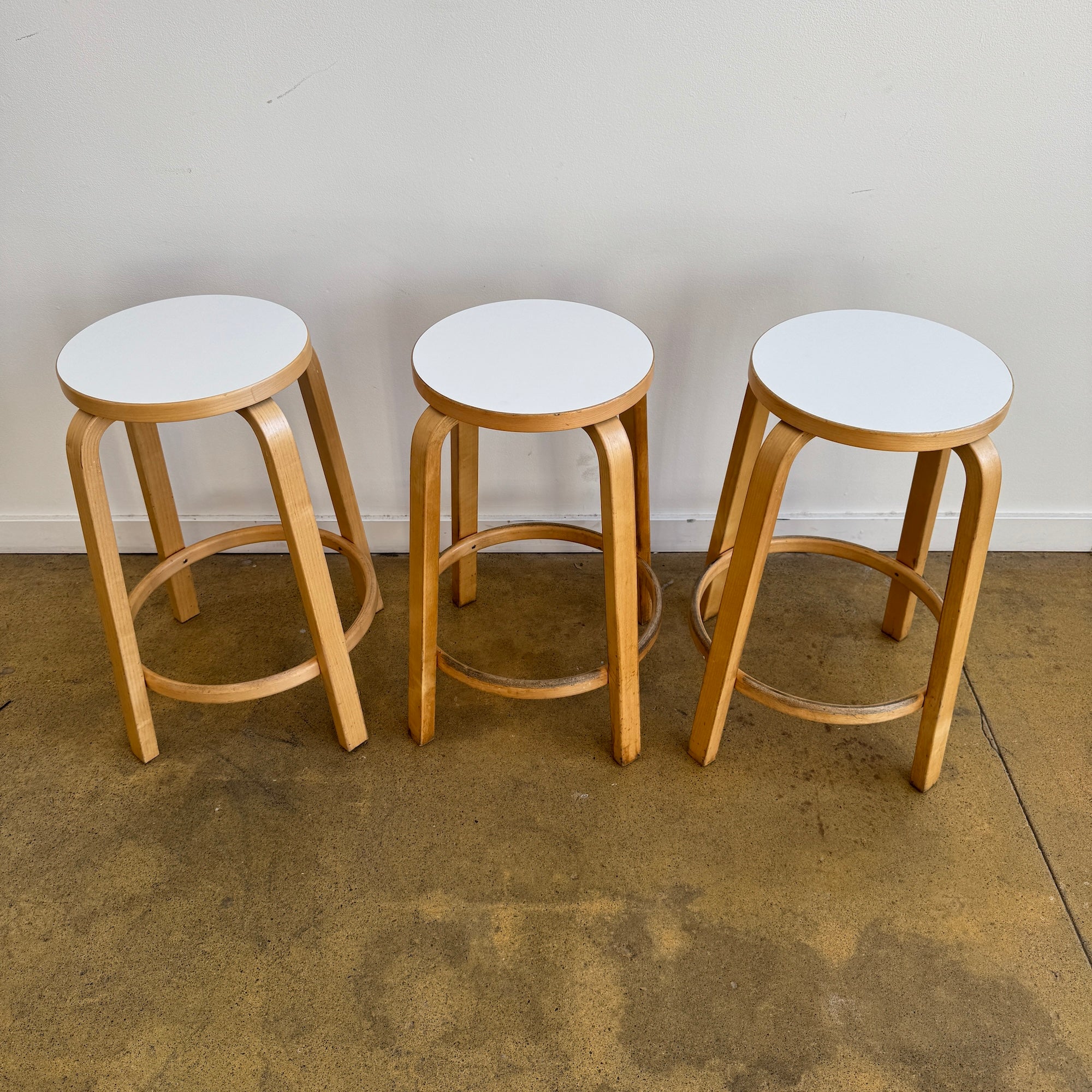 Artek Alvar Aalto set of 3 Counter Stools 64  (White Laminate)