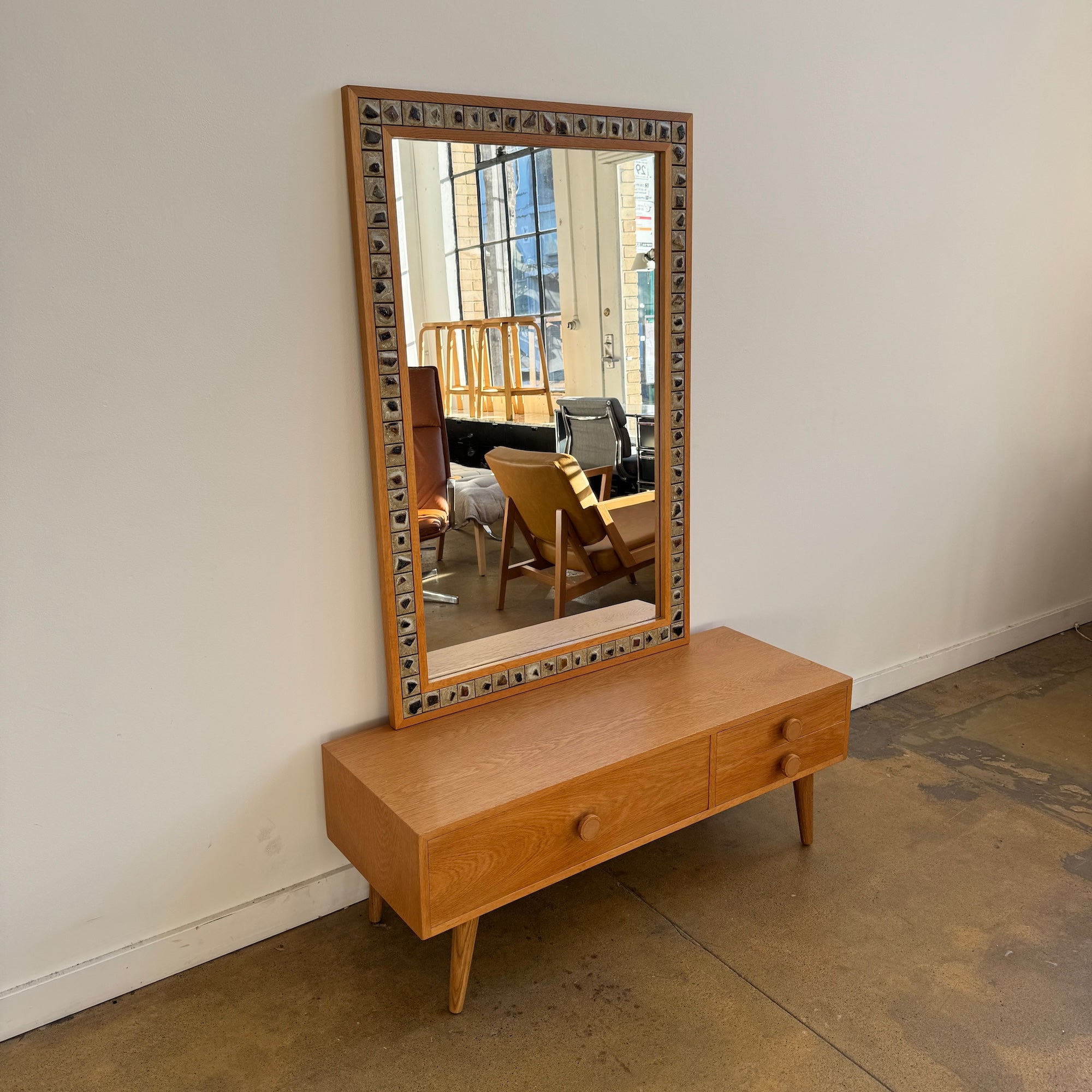 Danish Modern Oak Entryway Mirror + Storage Drawer/ Bench