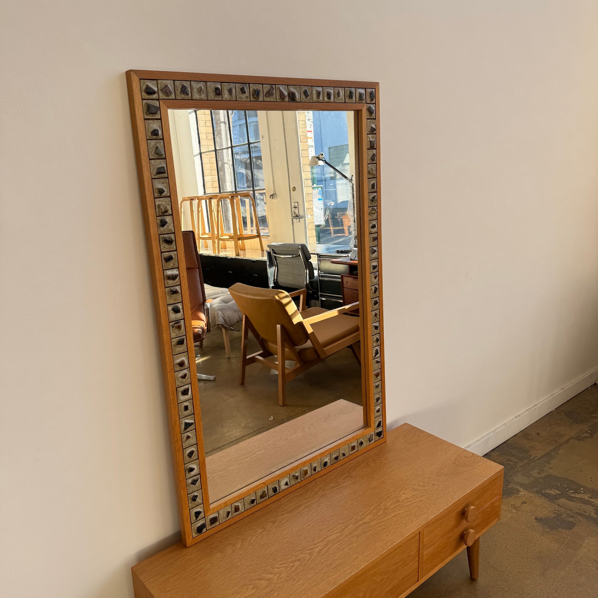 Danish Modern Oak Entryway Mirror + Storage Drawer/ Bench