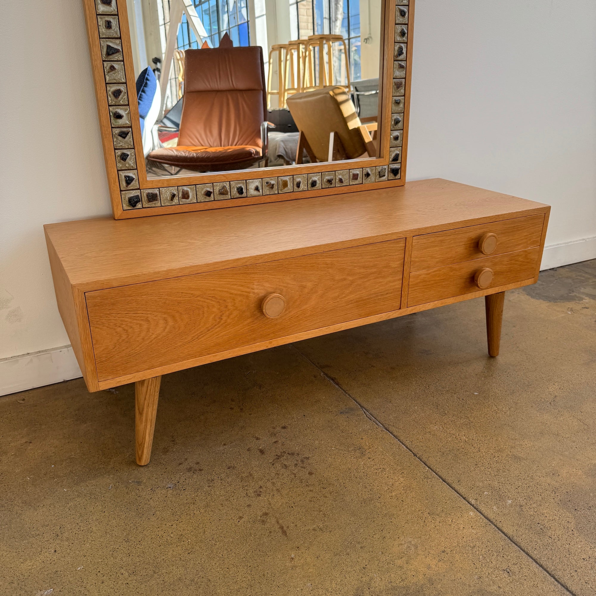 Danish Modern Oak Entryway Mirror + Storage Drawer/ Bench