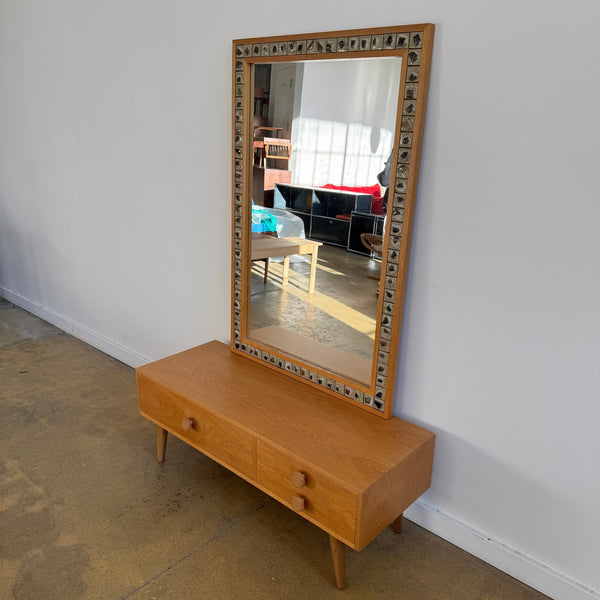 Danish Modern Oak Entryway Mirror + Storage Drawer/ Bench