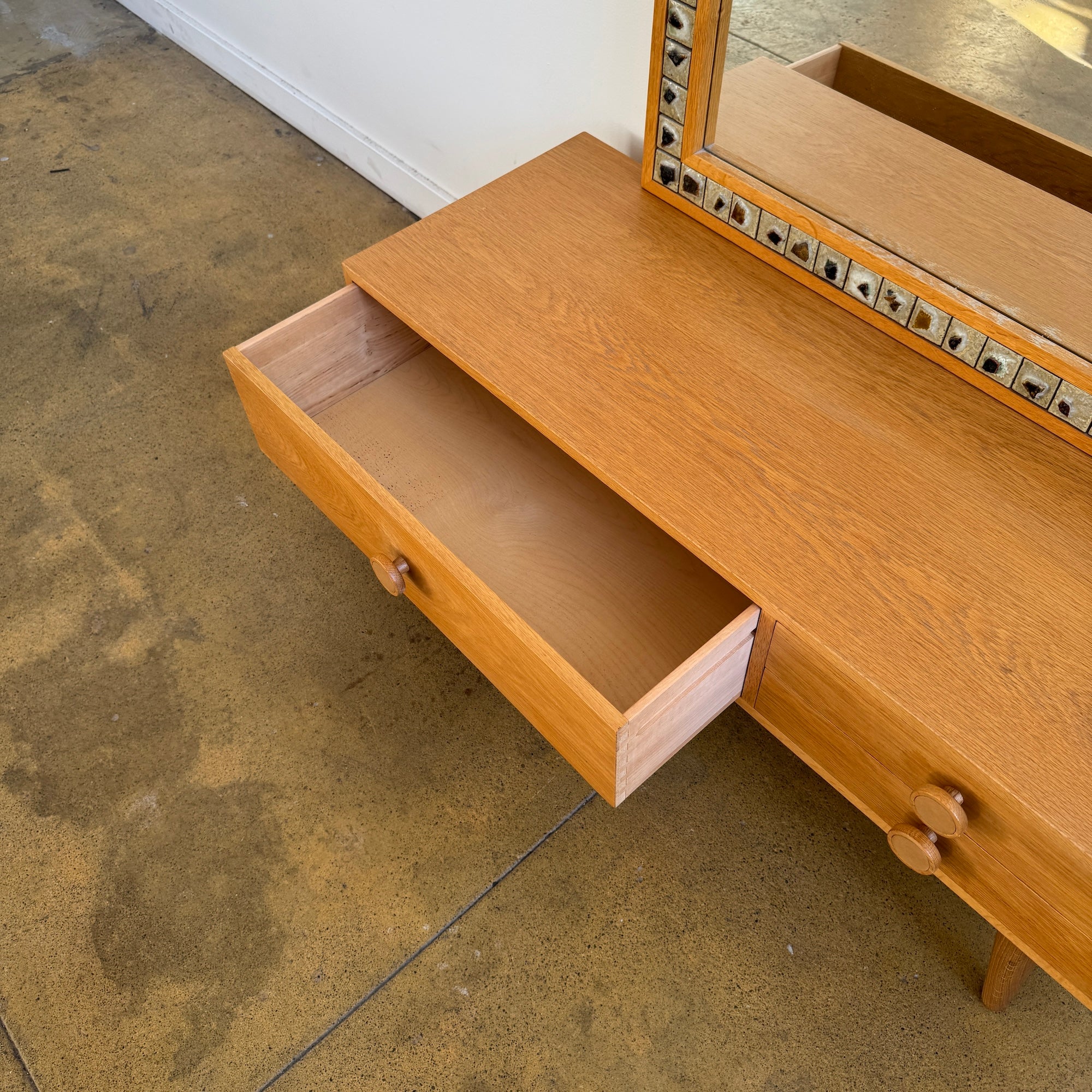 Danish Modern Oak Entryway Mirror + Storage Drawer/ Bench