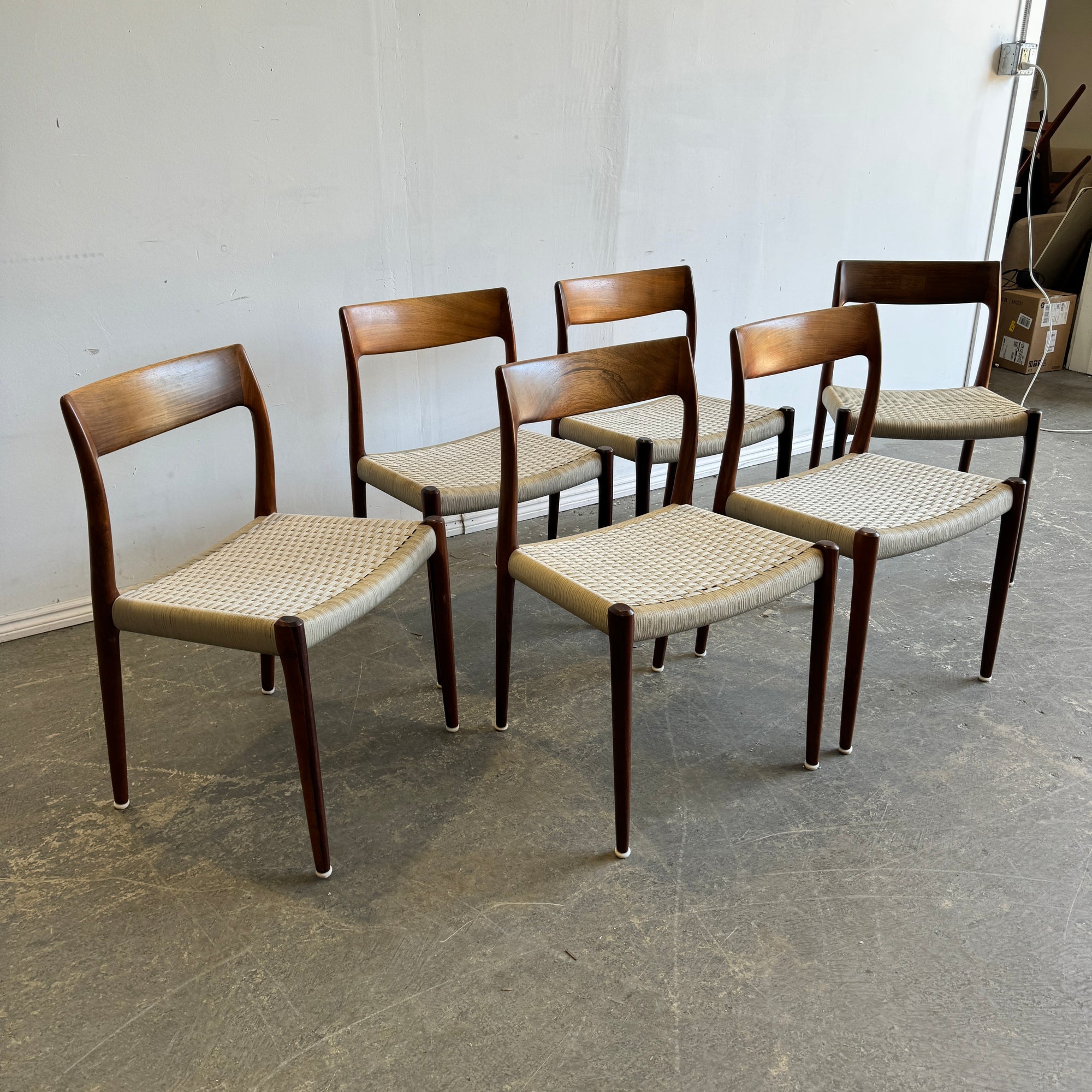 Danish Modern Set of 6 Niels O. Møller Rosewood cord Model 77 Dining chairs