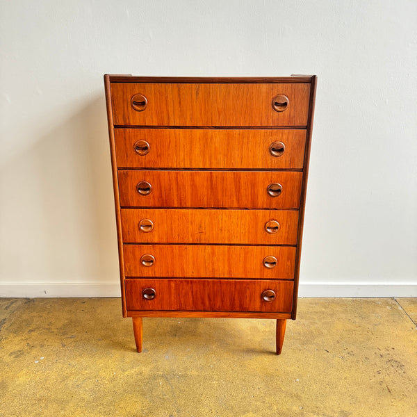 Danish Modern Kai Kristiansen Bow Front Teak Tallboy Dresser