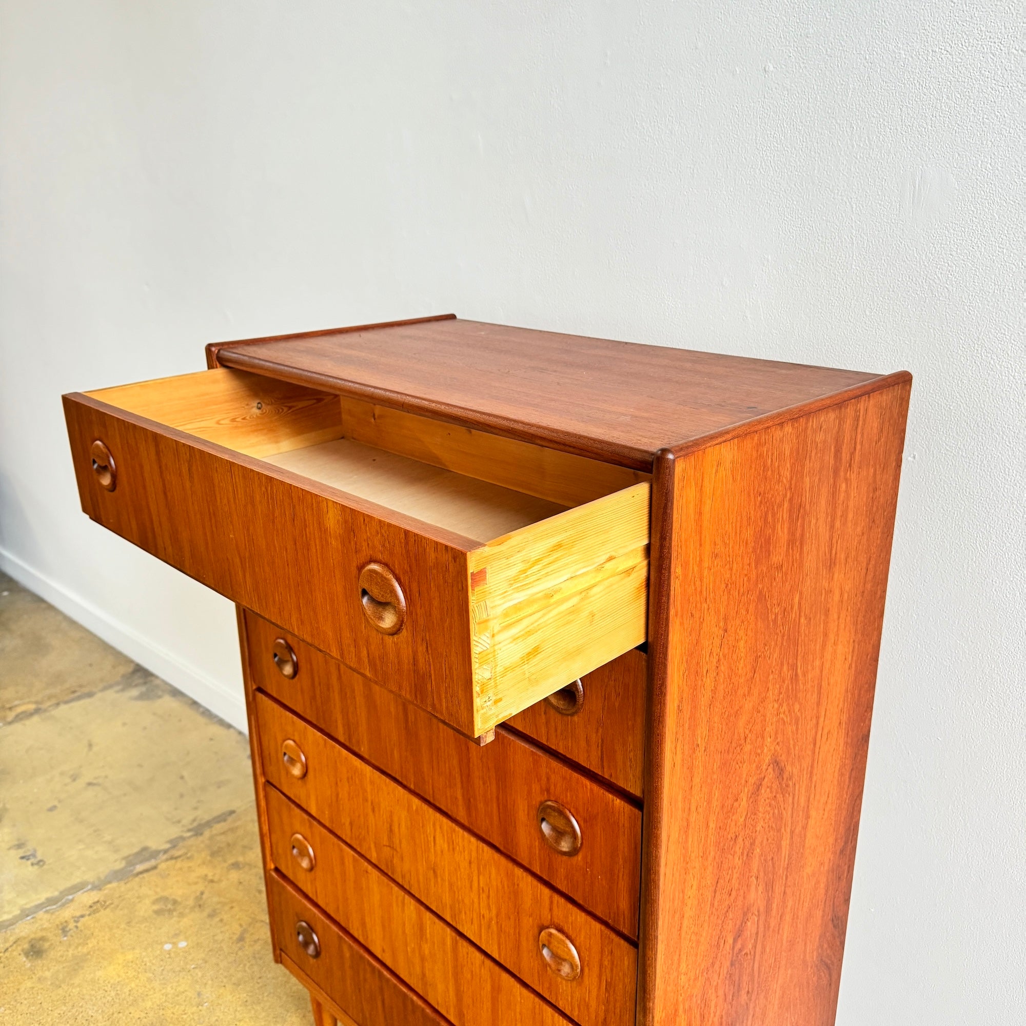 Danish Modern Kai Kristiansen Bow Front Teak Tallboy Dresser