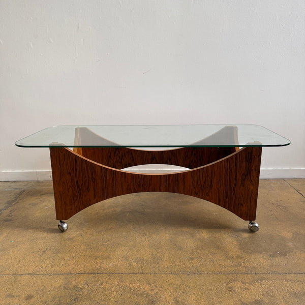 Danish Modern Rosewood Sculptural Glass Coffee Table