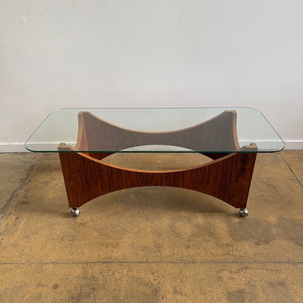 Danish Modern Rosewood Sculptural Glass Coffee Table