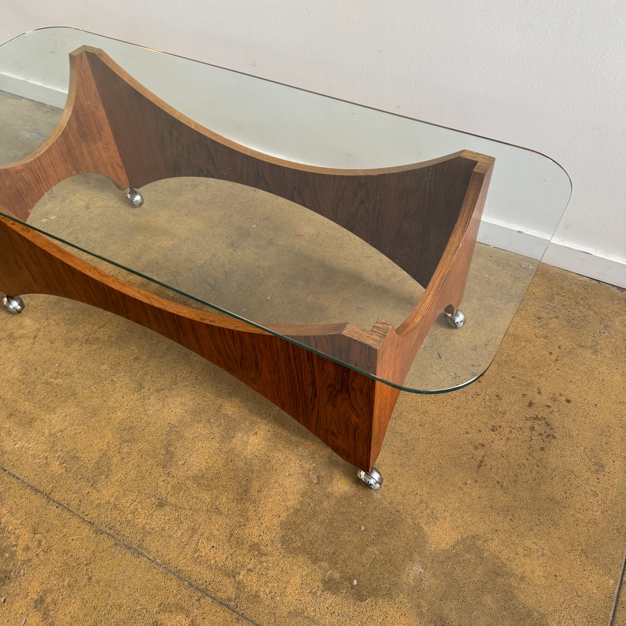 Danish Modern Rosewood Sculptural Glass Coffee Table