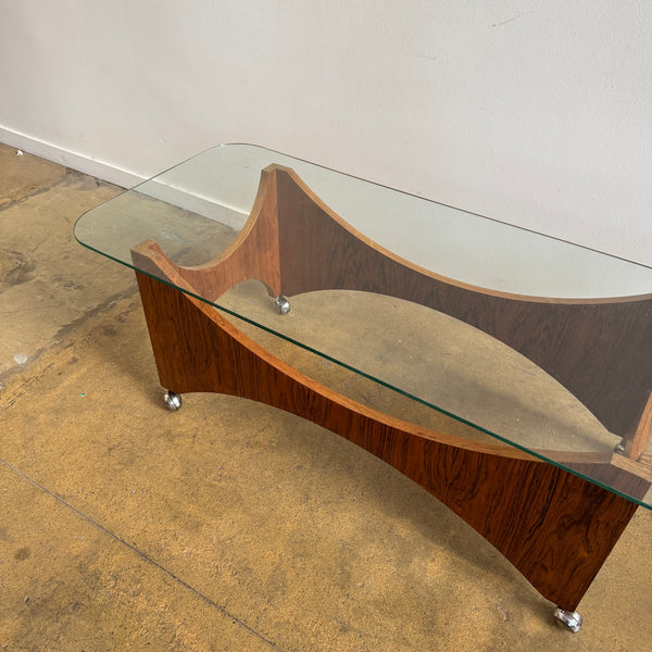 Danish Modern Rosewood Sculptural Glass Coffee Table