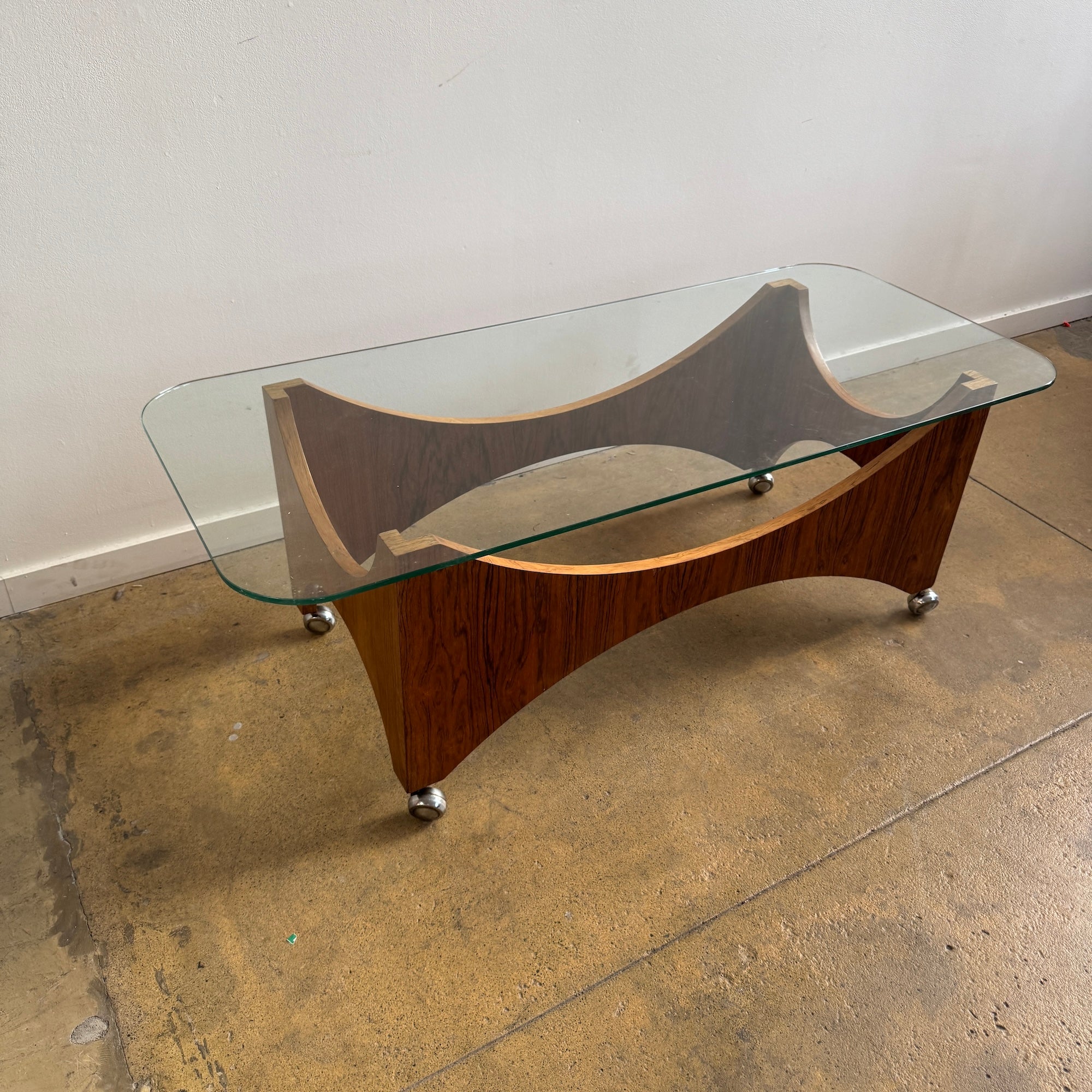 Danish Modern Rosewood Sculptural Glass Coffee Table