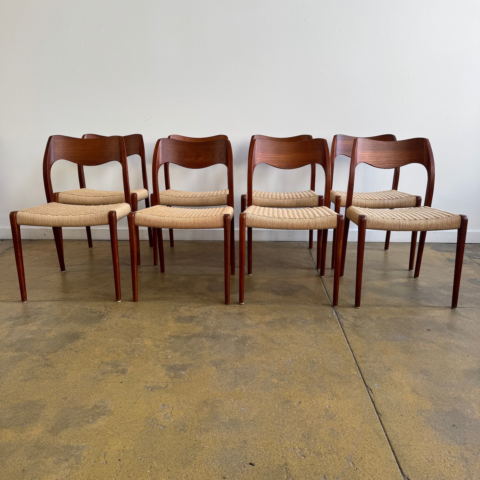 Danish Modern Niels Moller "Set of 8" Model 71 Teak dining chairs (New Cording + Fully Refinshed)