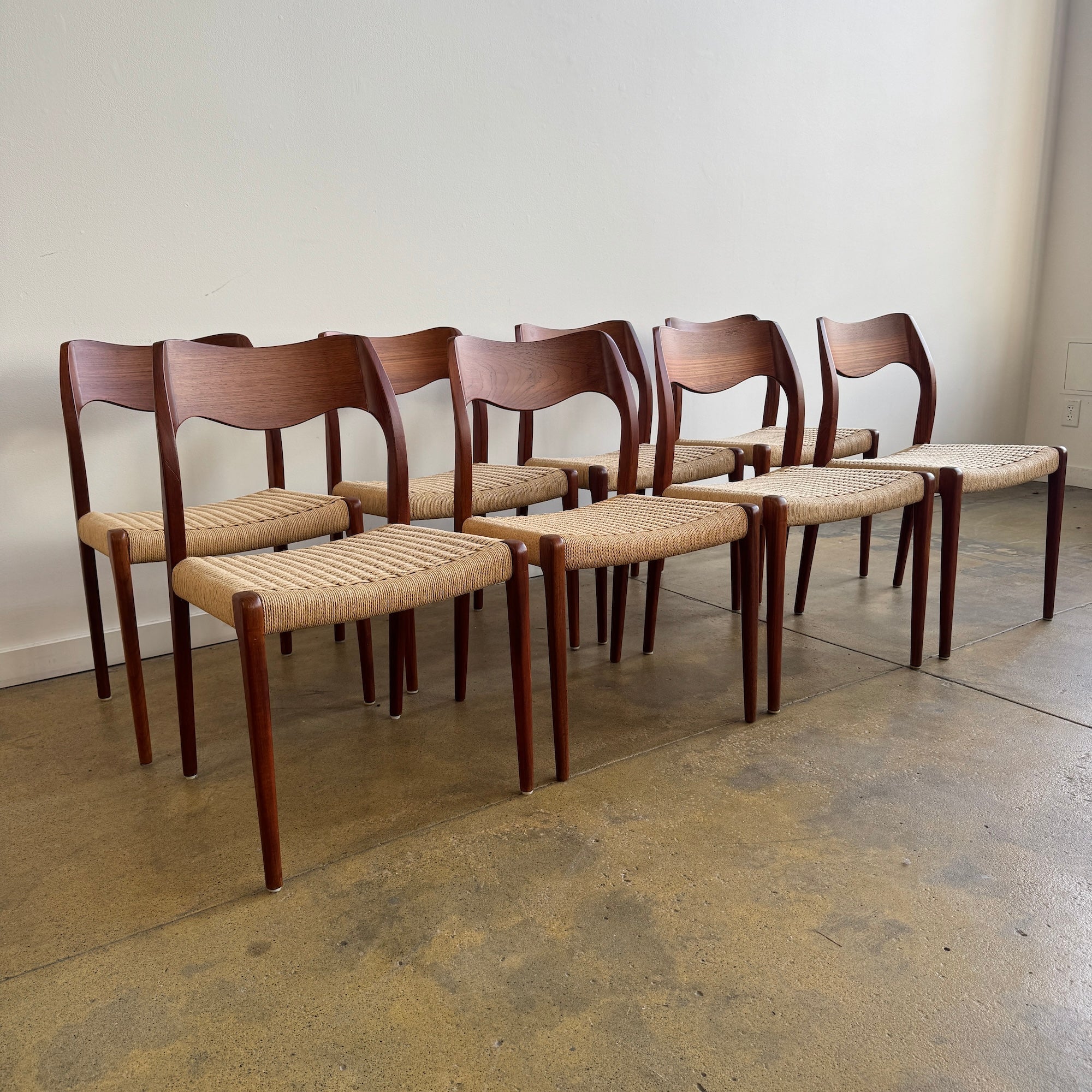 Danish Modern Niels Moller "Set of 8" Model 71 Teak dining chairs (New Cording + Fully Refinshed)