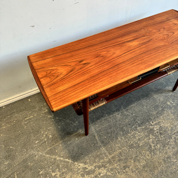 Danish Modern Teak Coffee Table Cane Shelf Rolled Edges 4 Storage Drawers