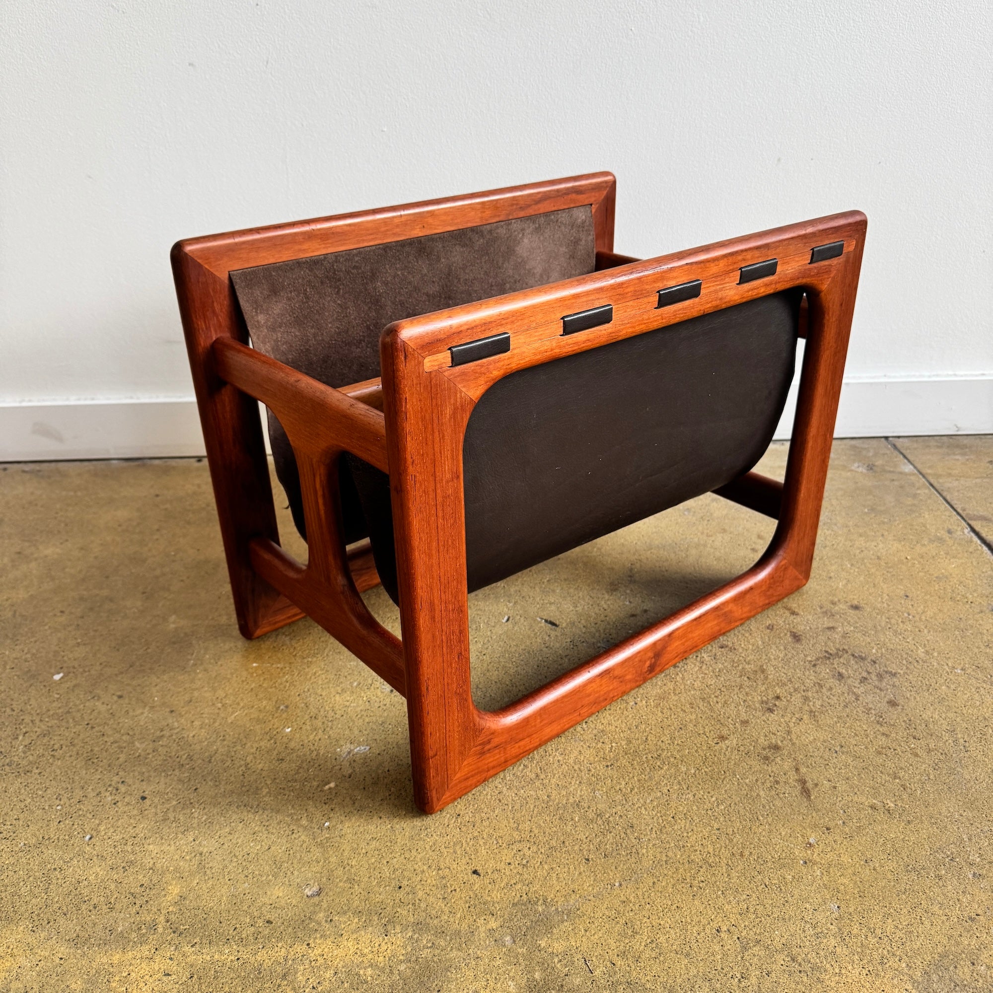 Danish Modern Magazine Rack in Teak and Leather by Salin Møbler