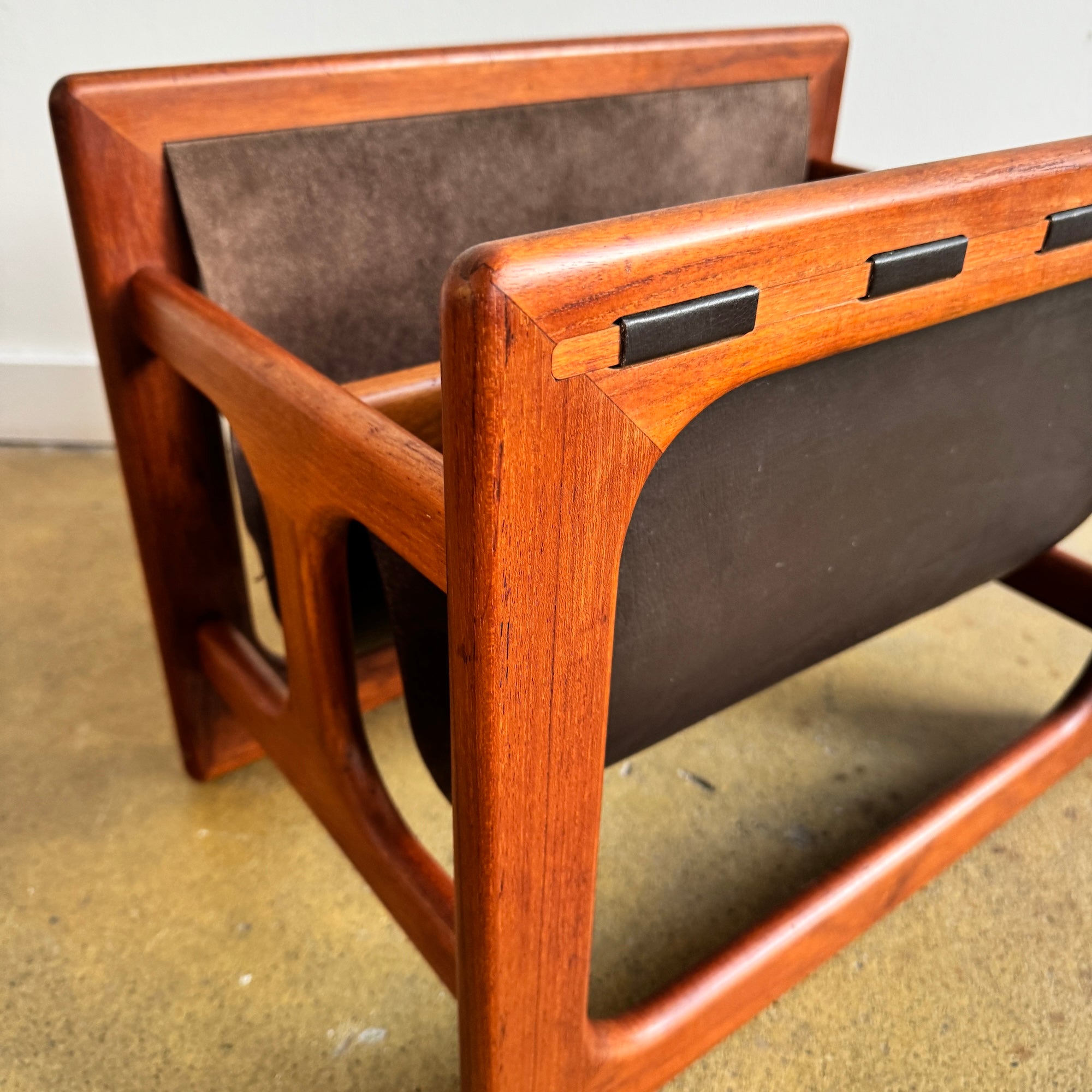 Danish Modern Magazine Rack in Teak and Leather by Salin Møbler