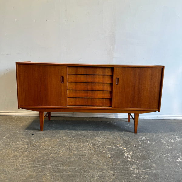 Danish Modern Sideboard Teak 5 drawer double sliding doors