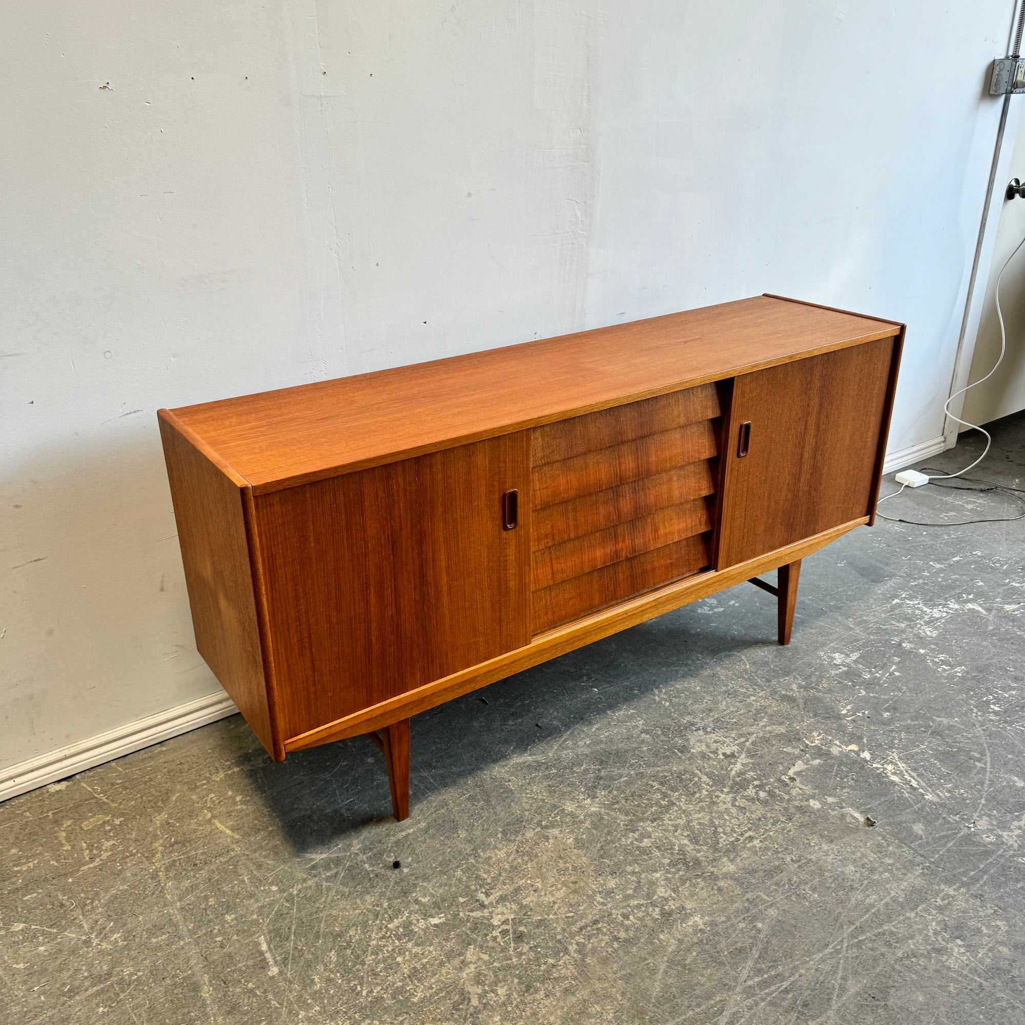 Danish Modern Sideboard Teak 5 drawer double sliding doors