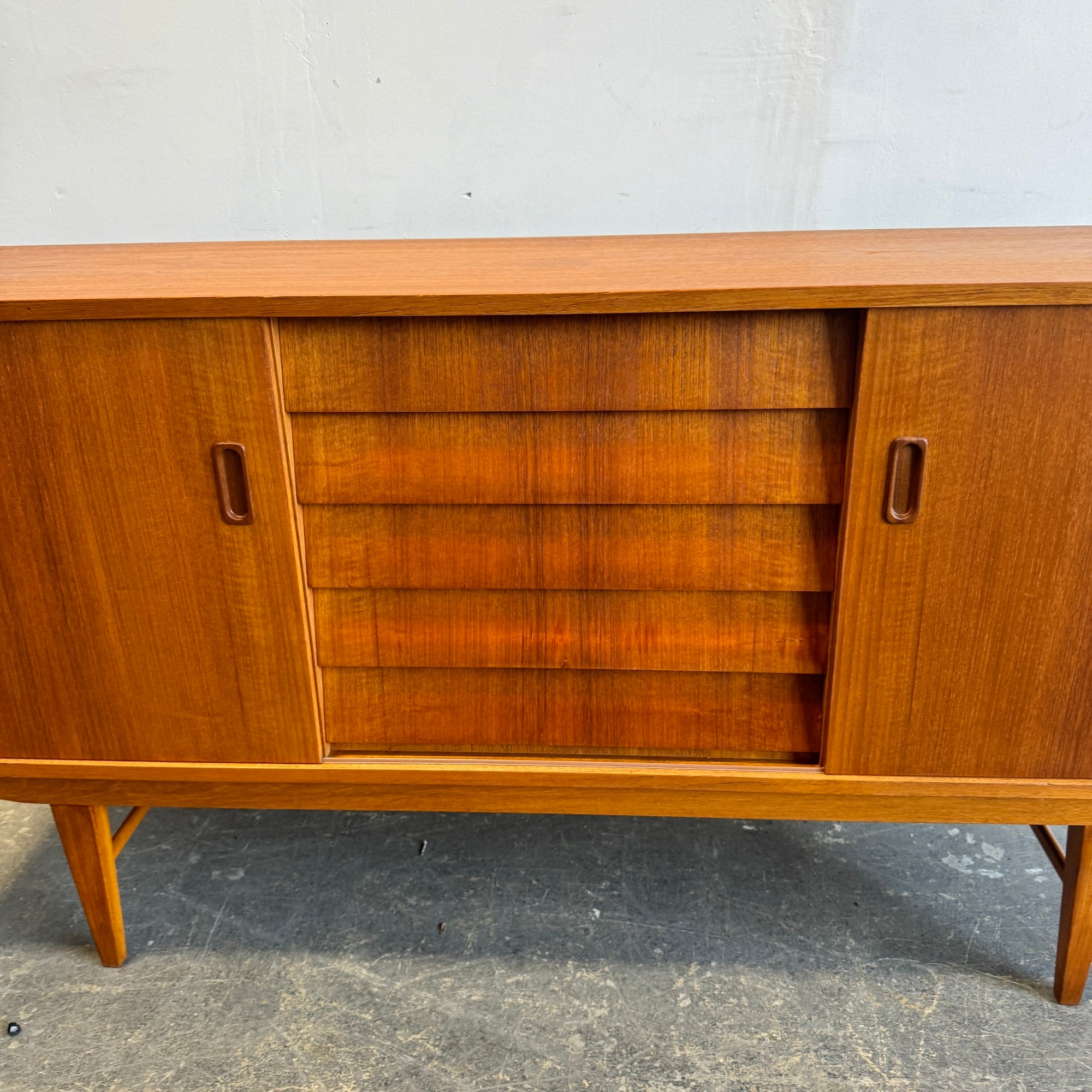 Danish Modern Sideboard Teak 5 drawer double sliding doors