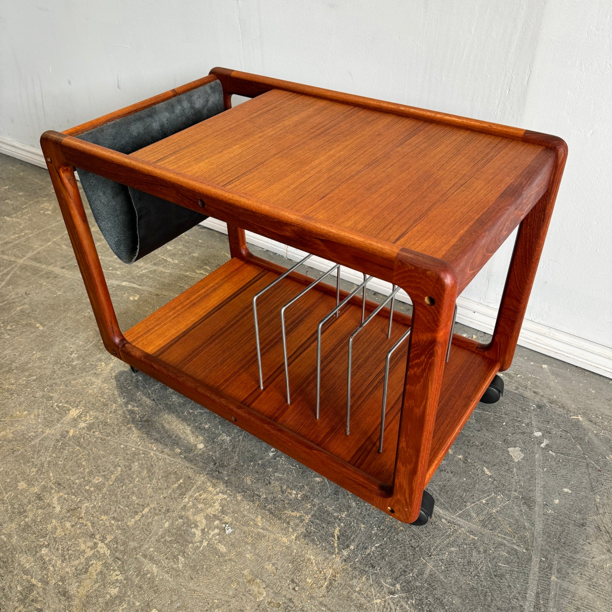 Danish Vintage teak and leather magazine trolley