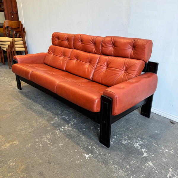 Vintage Swedish Leather High Back 3 Seat Sofa