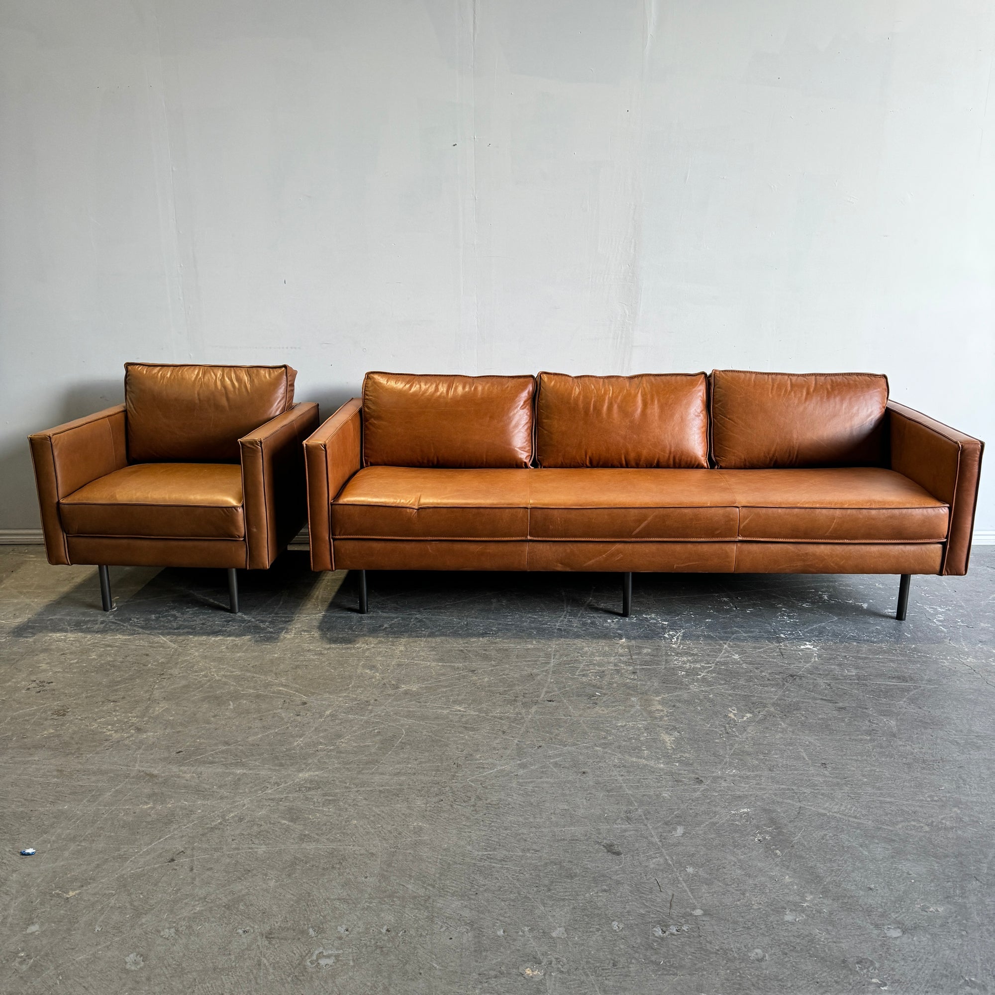 West Elm Axcel leather sofa and lounge chair set