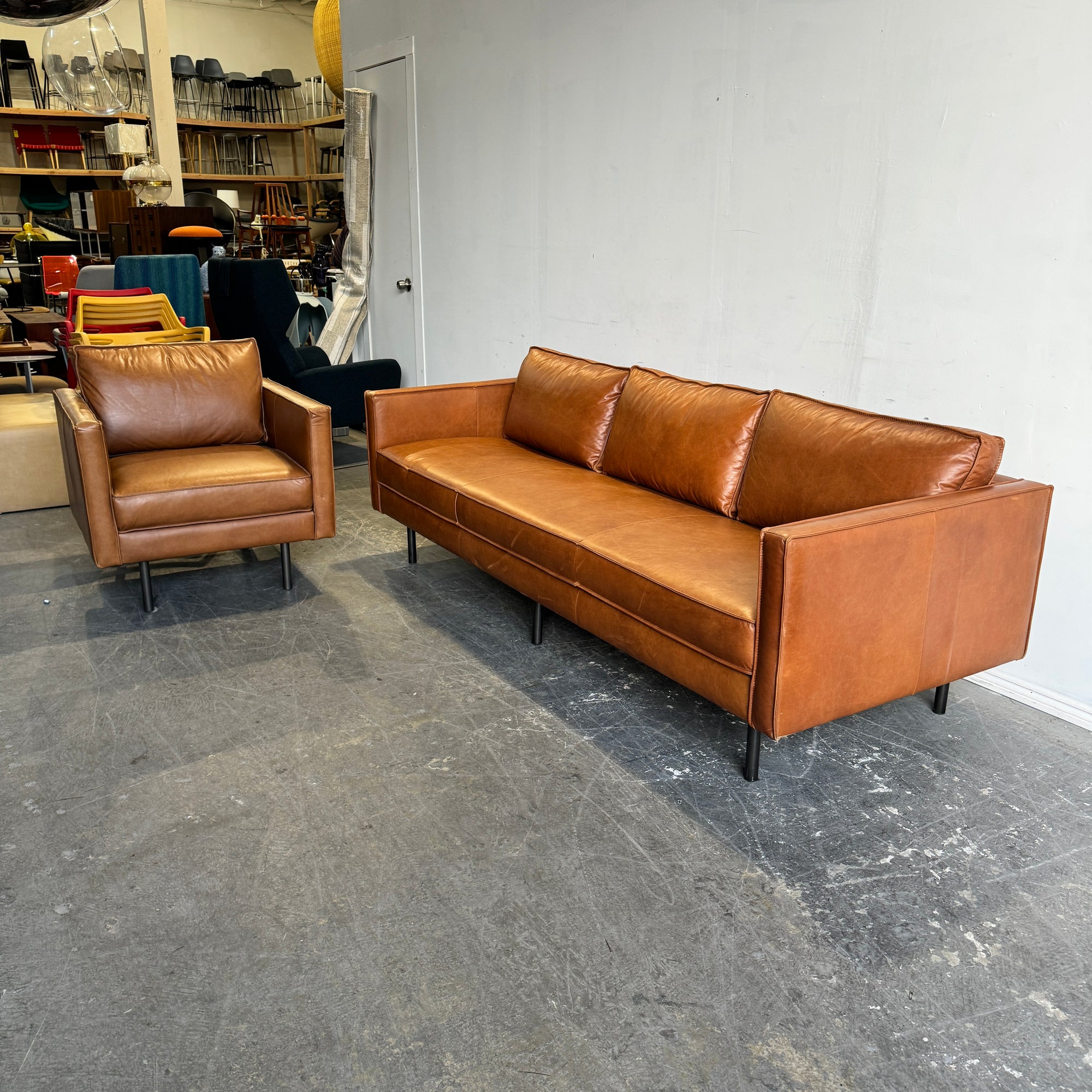 West Elm Axcel leather sofa and lounge chair set