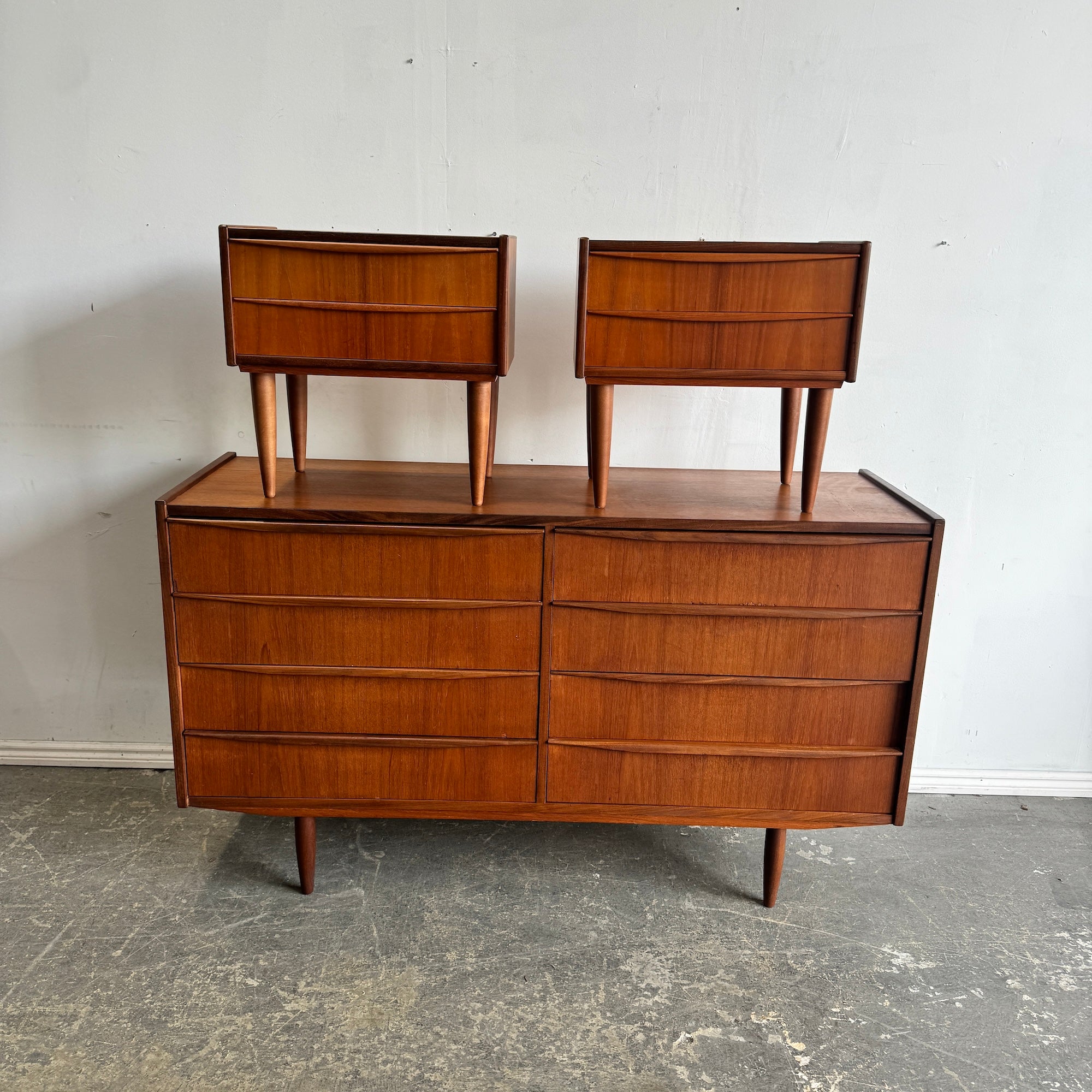 Danish Modern Teak Dresser with two matching Nightstands