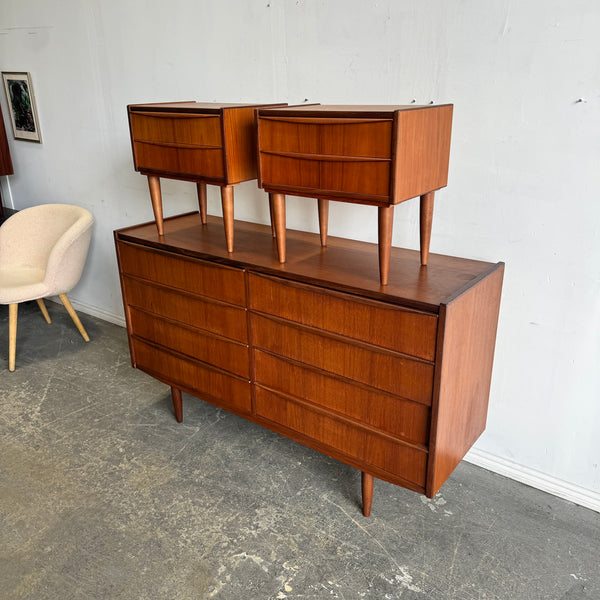 Danish Modern Teak Dresser with two matching Nightstands