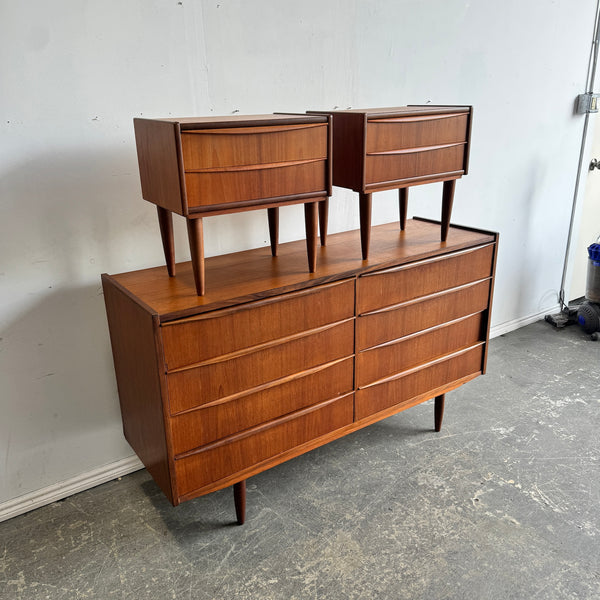 Danish Modern Teak Dresser with two matching Nightstands