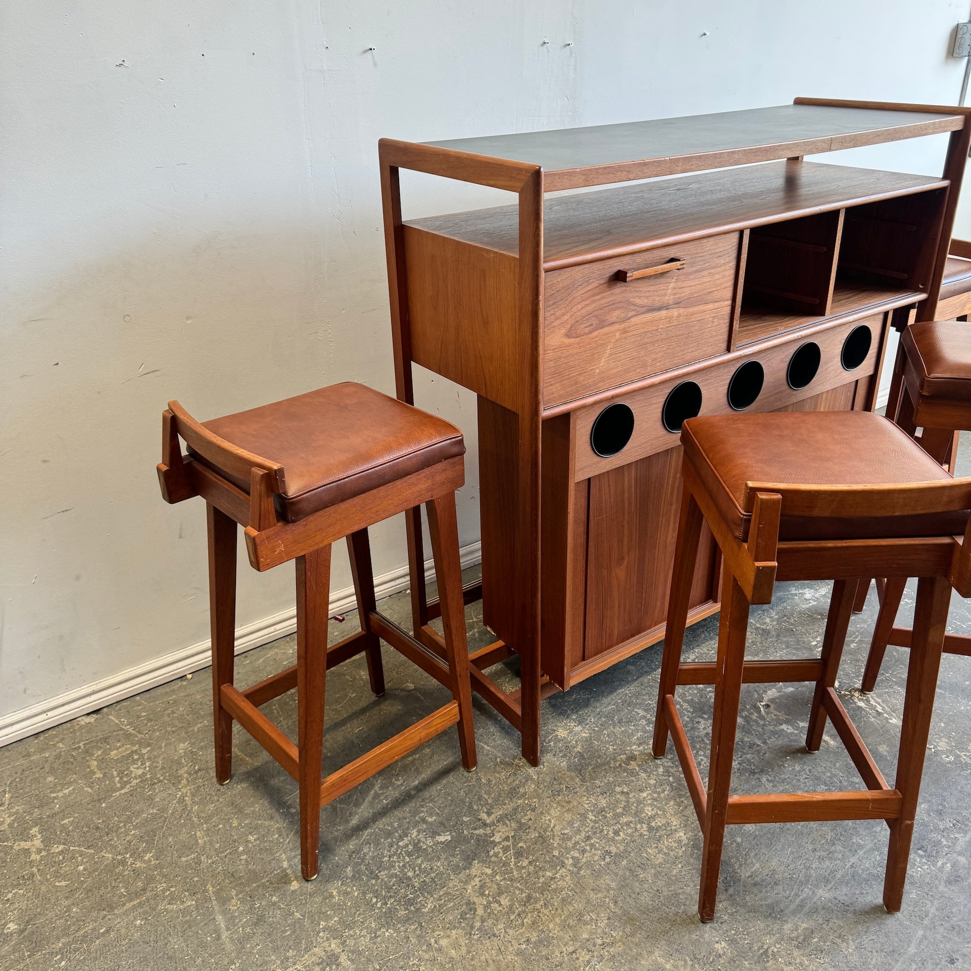 Danish Modern Bar Station with 4 Barstools by Erik Buch & Knud Bent for Dyrland