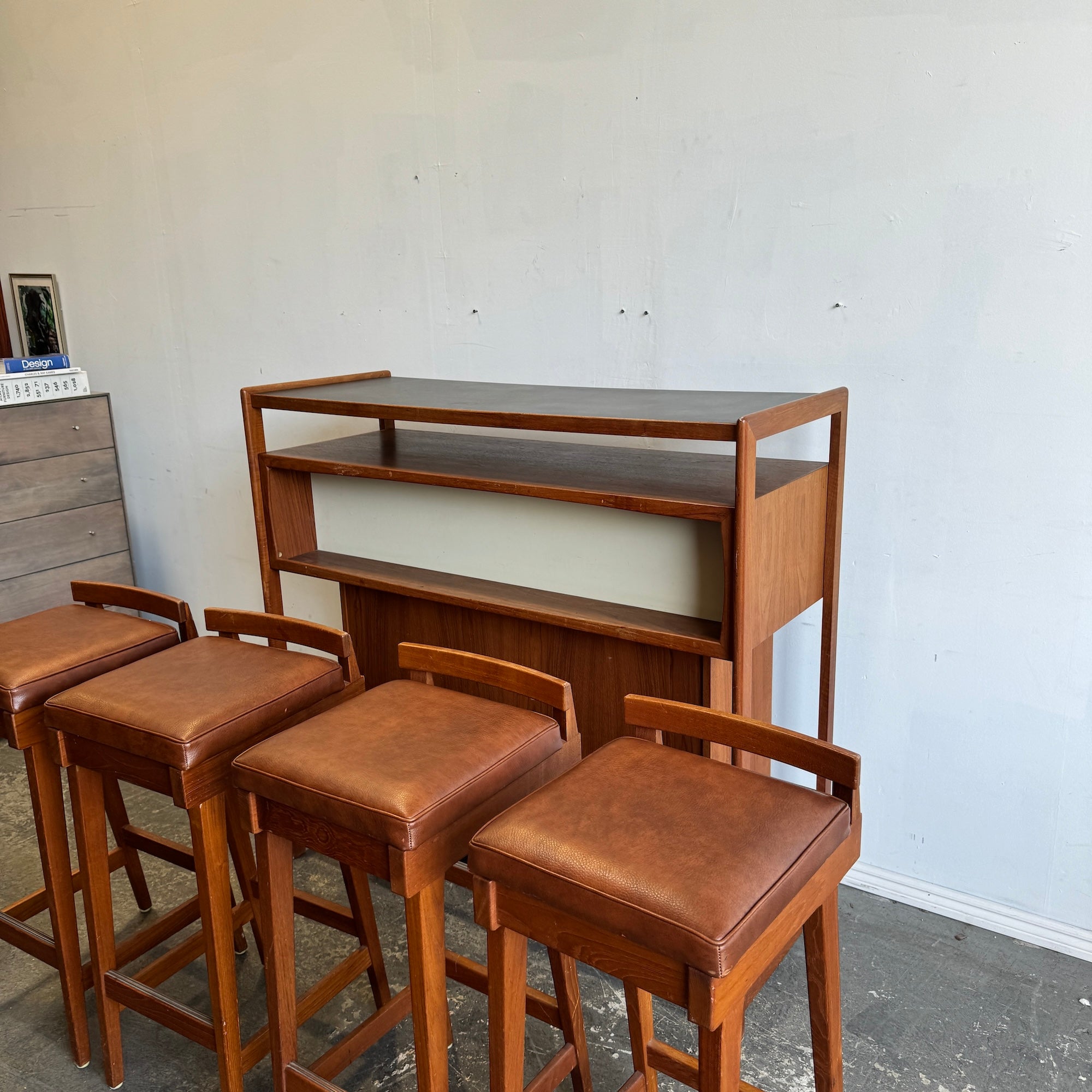 Danish Modern Bar Station with 4 Barstools by Erik Buch & Knud Bent for Dyrland