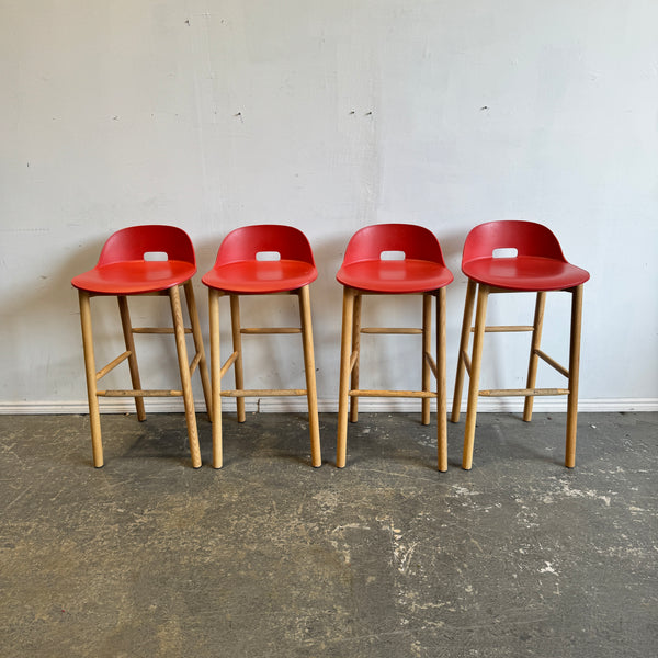 Emeco set of 4 Alfi Barstool, low back by Jasper Morrison (Red)