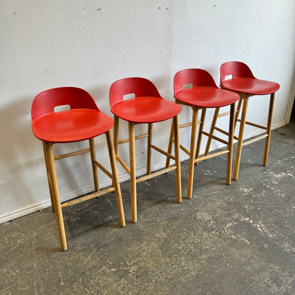 Emeco set of 4 Alfi Barstool, low back by Jasper Morrison (Red)