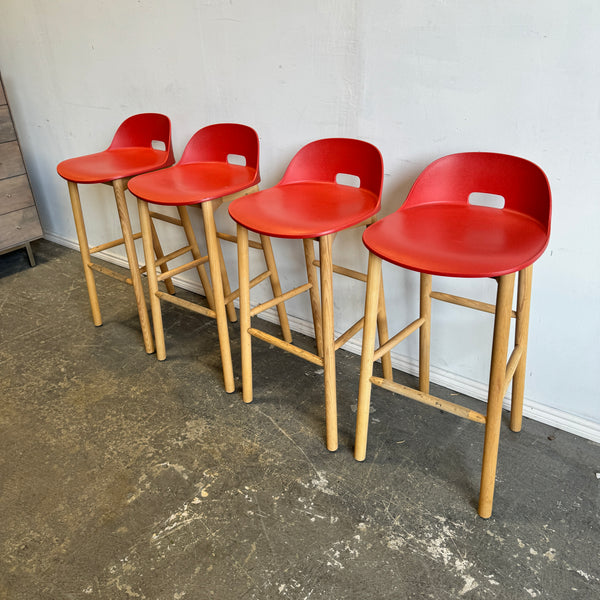 Emeco set of 4 Alfi Barstool, low back by Jasper Morrison (Red)