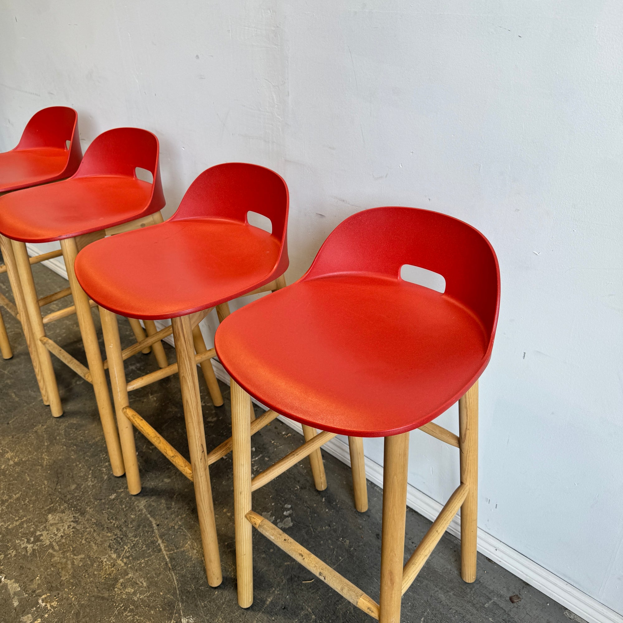 Emeco set of 4 Alfi Barstool, low back by Jasper Morrison (Red)