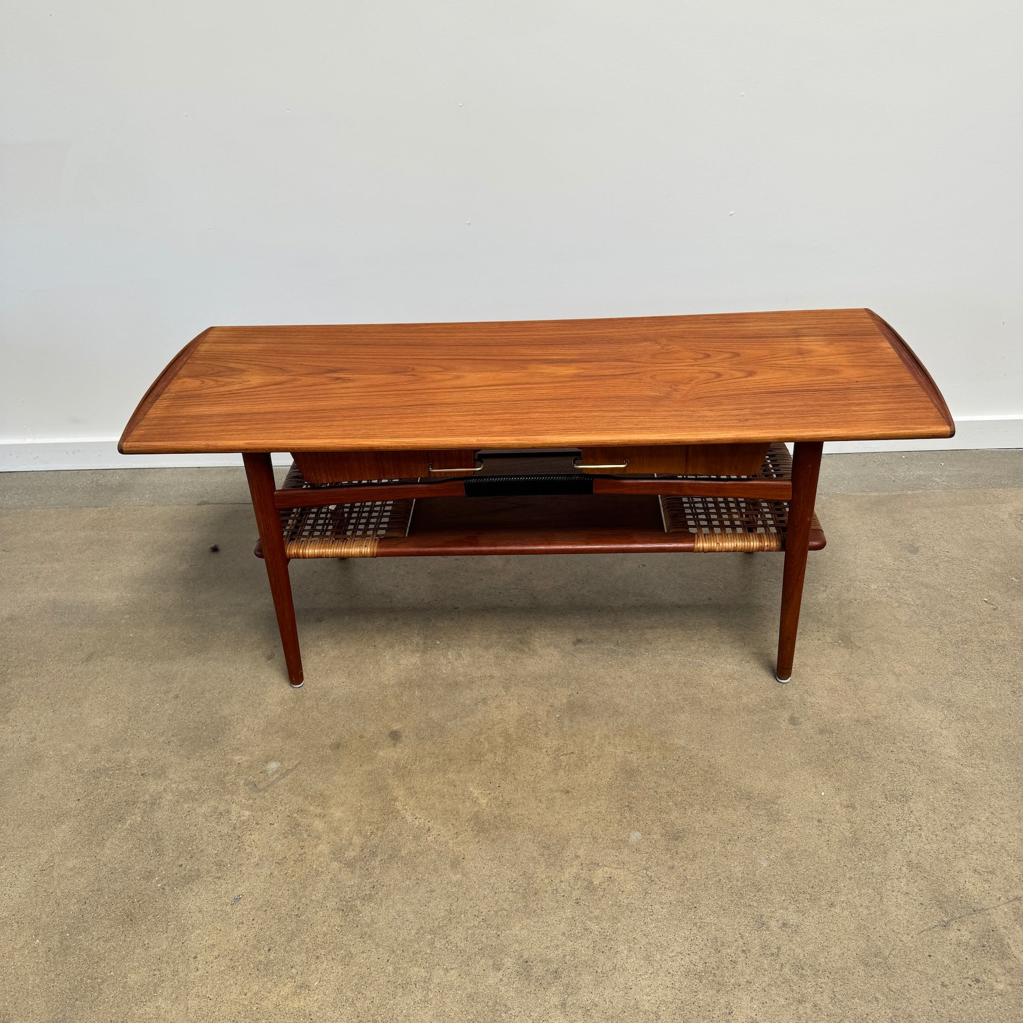 Danish Modern Teak Coffee Table Cane Shelf Rolled Edges 4 Storage Drawers