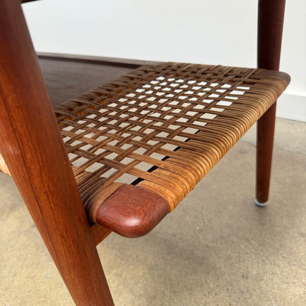 Danish Modern Teak Coffee Table Cane Shelf Rolled Edges 4 Storage Drawers