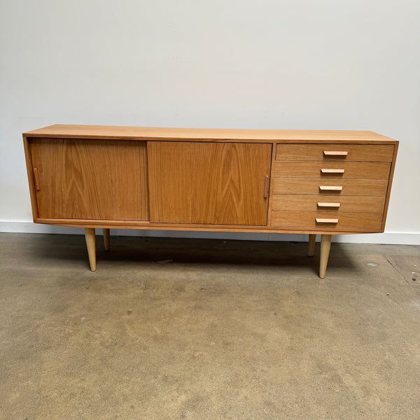 Danish Modern Oakwood Sideboard with 5 drawers and sliding doors