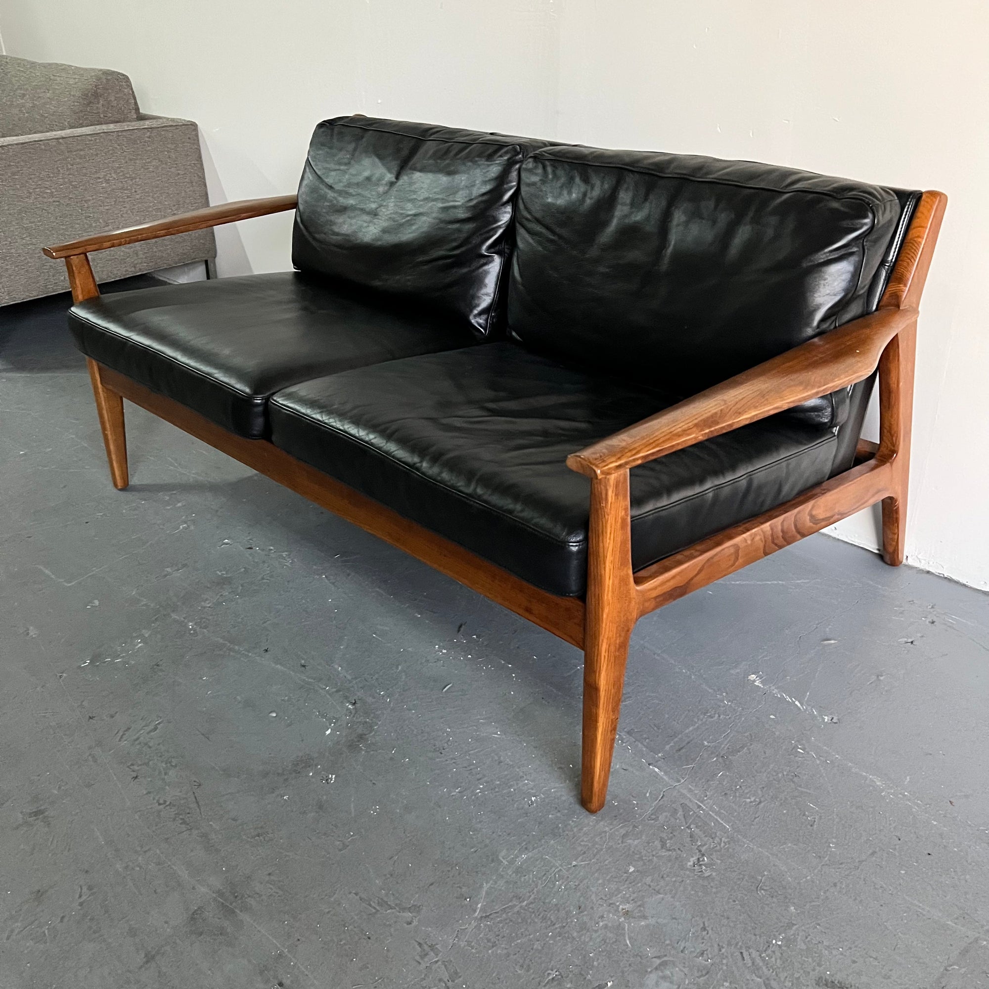 West Elm Mid-Century Leather Show Wood Sofa