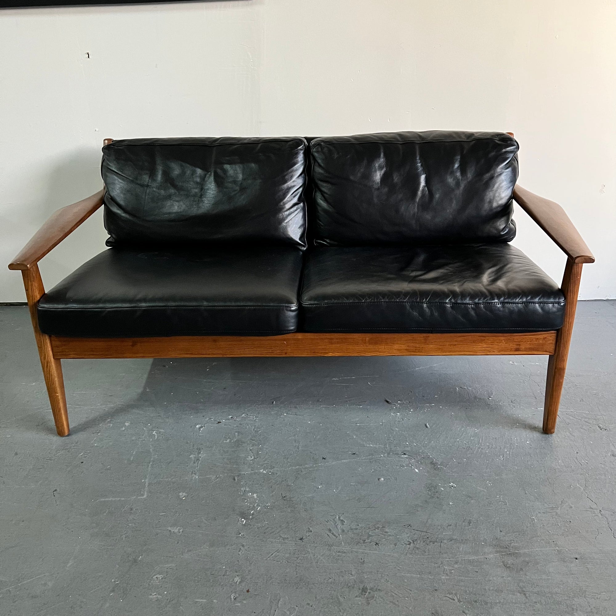 West Elm Mid-Century Leather Show Wood Sofa