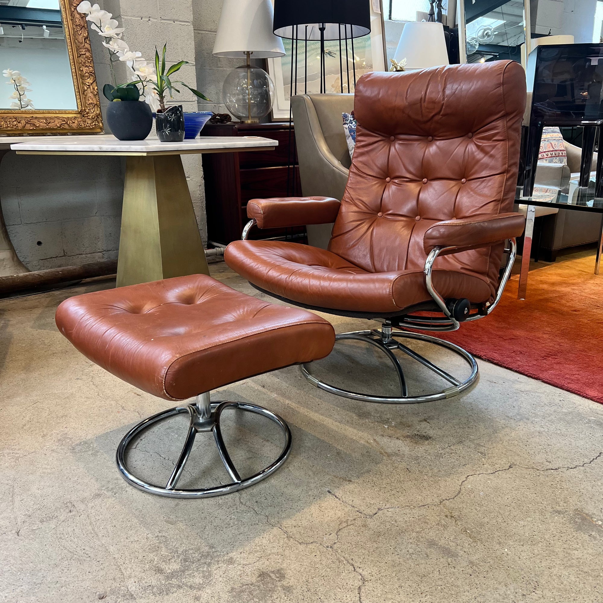 1970s Ekornes Stressless Leather Lounge Chair and Ottoman