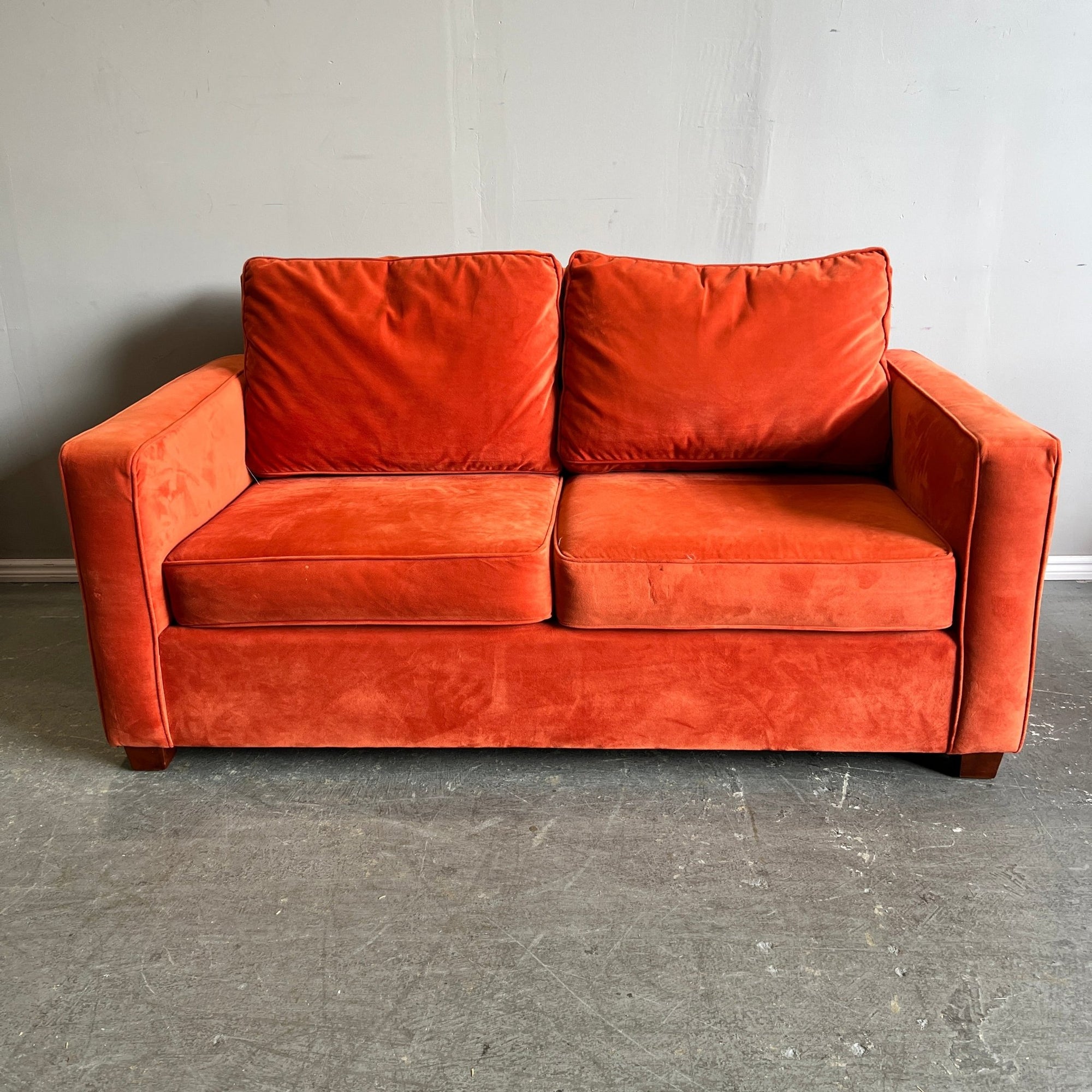 West Elm Henry burnt orange velvet 66 loveseat sofa - enliven mart